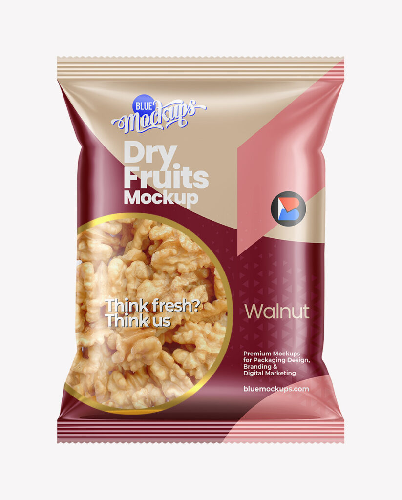 Glossy Dry Fruits Bag Mockup Walnut Blue Mockups