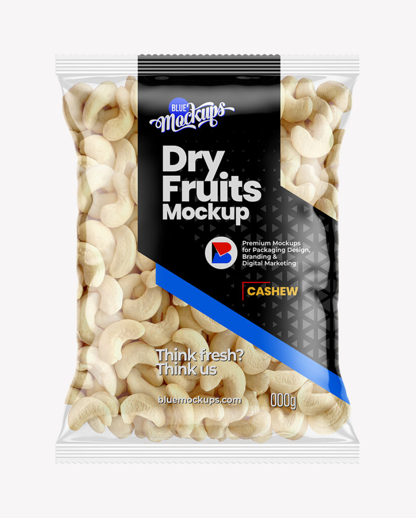 Glossy Dry Fruits Bag Mockup Cashew Blue Mockups