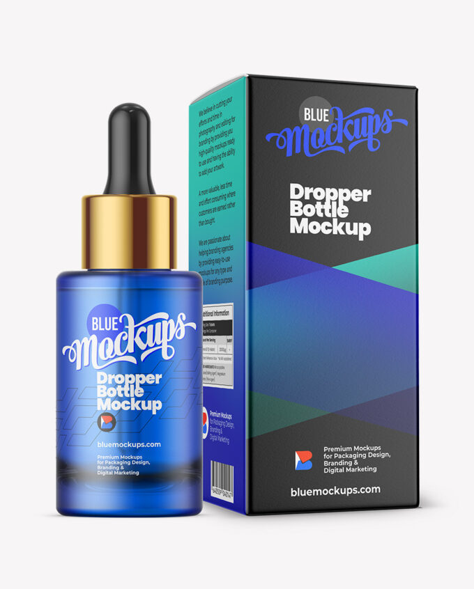 Blue Dropper Bottle with Paper Box Mockup | Frosted